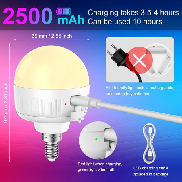 Detalle de LGMCF E14 wiederaufladbare Akku-Glühbirne mit Fernbedienung (2er-Set), 8 W, dimmbar, RGB & 3 Farben