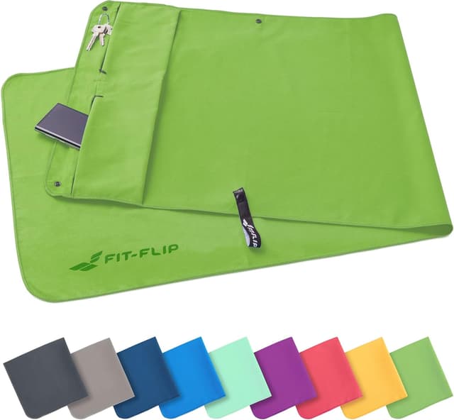 Detalle de Fit-Flip Fitness-Handtuch aus Mikrofaser mit Magnet-Clip und Reißverschluss-Tasche