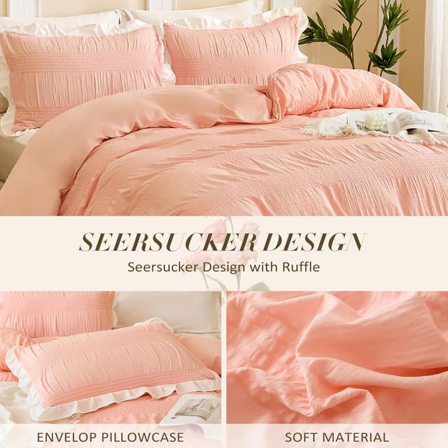 Detalle de Guchuang King Size Pink Ruffled Duvet Cover Set (3-piece) with hidden zipper
