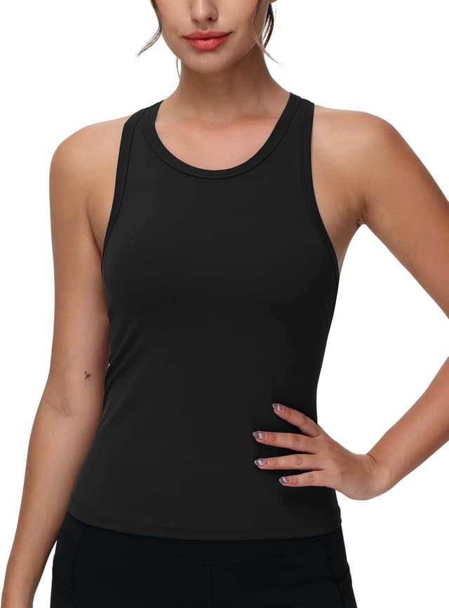 Detalle de THE GYM PEOPLE Débardeur d’entraînement dos nageur pour femme, coupe ajustée et sans manches