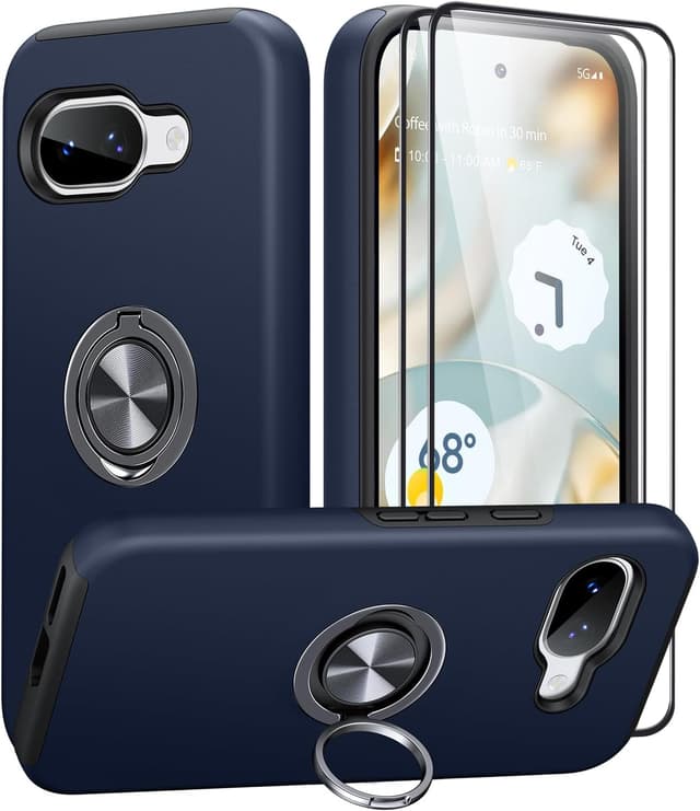 Detalle de AOUIA case for Google Pixel 9A (6.3) in Midnight Blue with 2-pack screen protectors and 360° rotating metal ring stand