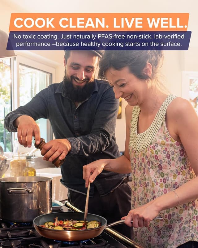 Detalle de Nuwave Healthy G11 Non Stick Pots and Pans Set (G11-Pots and Pans) with Glass Lids, Copper