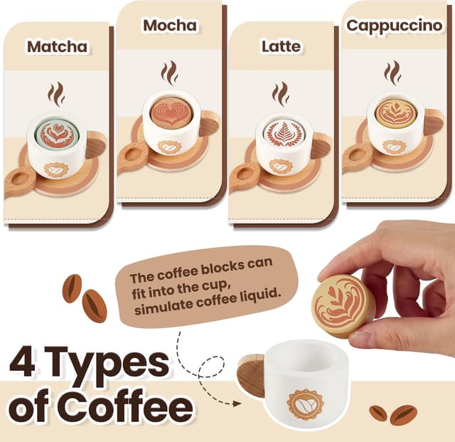 Detalle de BUYGER Kids Wooden Coffee Machine Toy – Pretend Coffee Playset for Ages 3–5