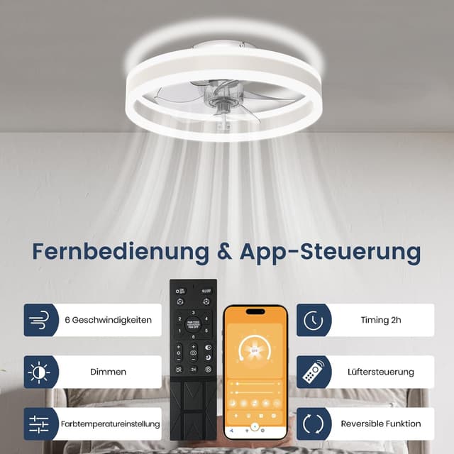 Thumbnail 6 de Nalezuns Deckenleuchte mit Ventilator: Deckenventilator mit Beleuchtung, 3 Farbtemperaturen & 6 Geschwindigkeiten (Fernbedienung, 40 cm)