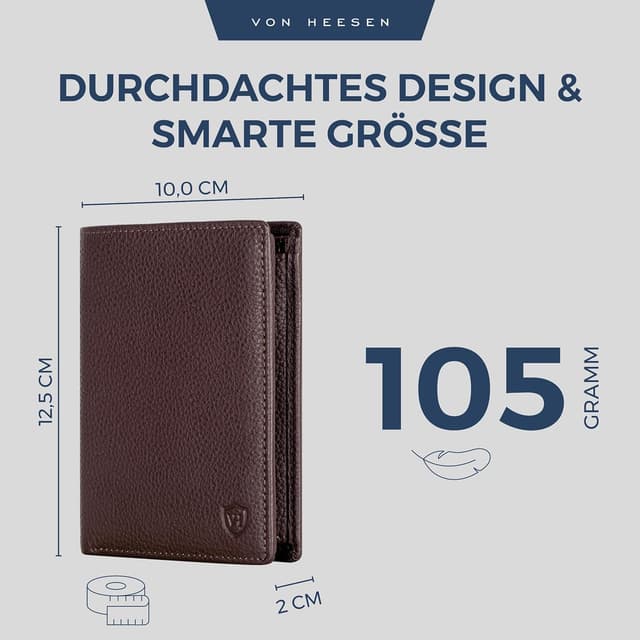 Detalle de VON HEESEN Leder-Geldbörse mit RFID-Schutz (Braun) – Portemonnaie für Damen & Herren