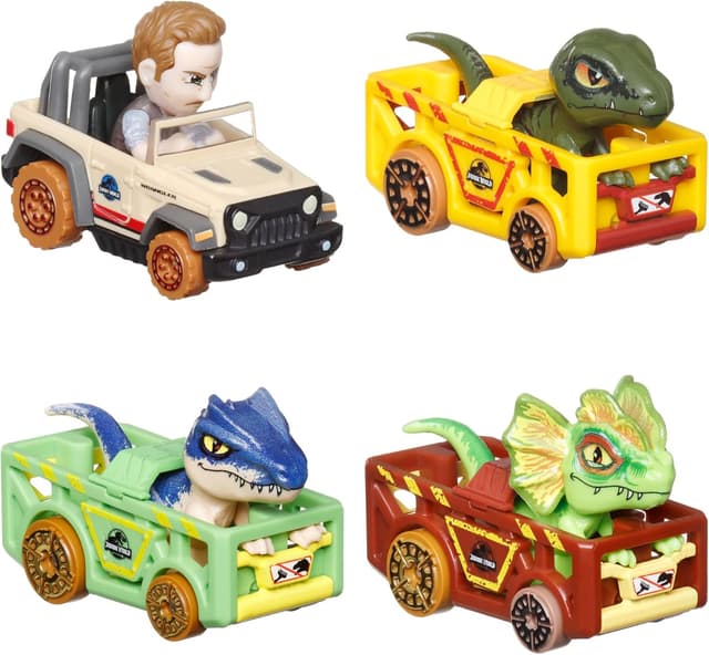 Detalle de Hot Wheels RacerVerse 4er-Pack mit Die-Cast-Fahrzeugen aus Jurassic World (Charlie, Owen, Dilophosaurus, Allosaurus) – HKD32