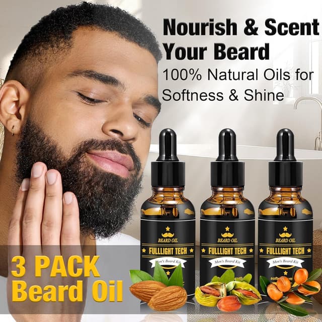 Detalle 2 de FULLLIGHT TECH Beard Kit for Men: 3-Pack Beard Oil, Wash & Balm + Grooming Tools