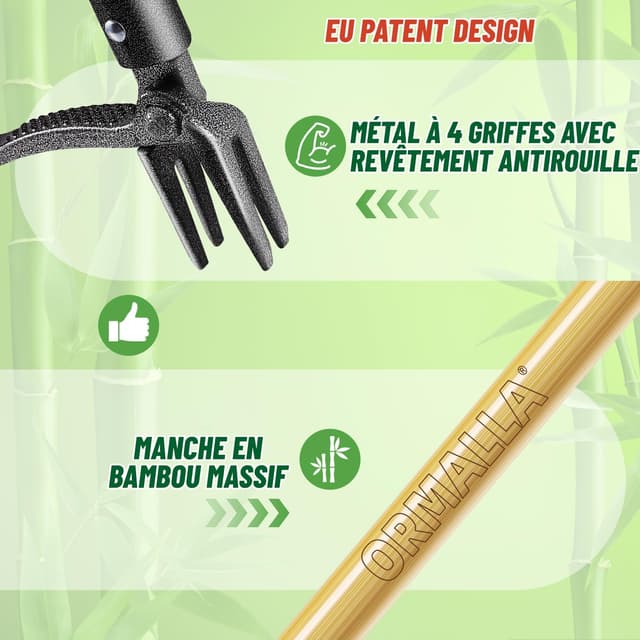 Detalle 2 de Ormalla désherbeur manuel sur pied 1,1 m avec arrache pissenlit et 4 griffes métal, manche en bambou et gants