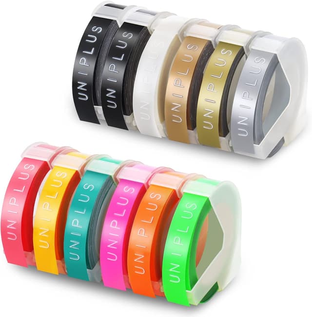 Detalle de 12x UniPlus kompatibles 3D-Etikettenband für Omega/Dymo (9 mm x 3 m) – Ersatz für Prägebänder
