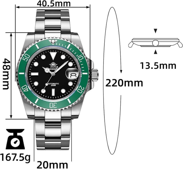 Detalle de ADDIESDIVE AD2503 Herren-Automatikuhr mit Saphirglas, 200 m wasserdicht und Keramiklünette 8215