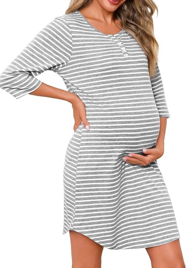 Detalle de Marvmys Chemise de nuit d’allaitement maternité rayée boutonnée manches 3/4