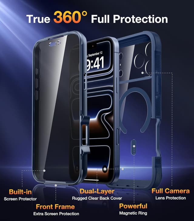 Detalle de Diaclara Magnetic for iPhone 17 Pro Max Case (6.9-inch) with MagSafe privacy screen protector and camera protection – Deep Blue