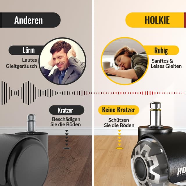 Detalle de HOLKIE Bürostuhl Rollen (10 mm Schaft) – 5er Set für harte Böden, leises Gleiten, doppelrädrig
