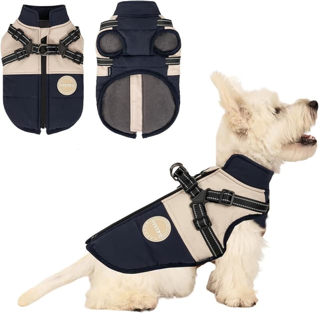 Detalle de BT Bear Dog Winter Coat With Harness (Navy Blue, XXL) – Waterproof outdoor jacket for small to medium dogs