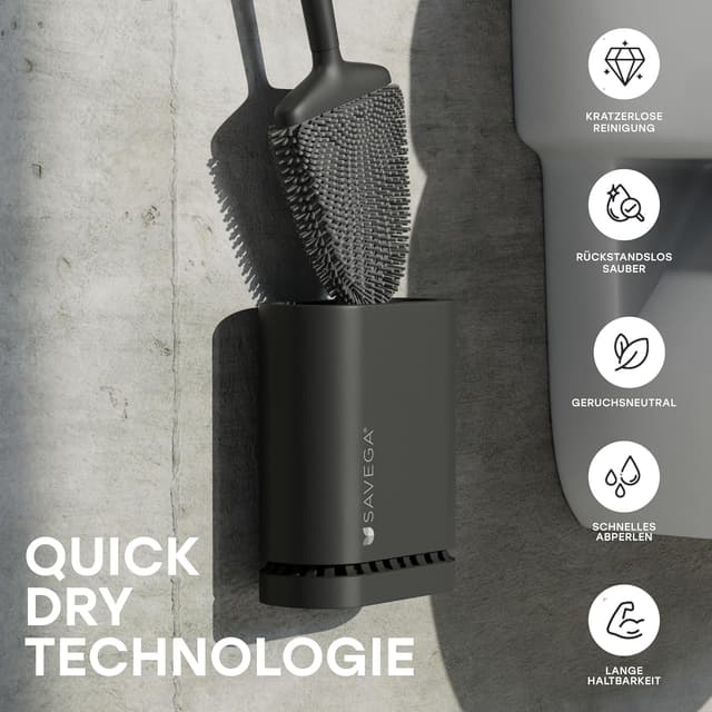 Detalle de SAVEGA Silikon-Klobürste mit flachem, flexiblem Kopf und klebbarer Wandhalterung (schwarz matt) – 1er Set