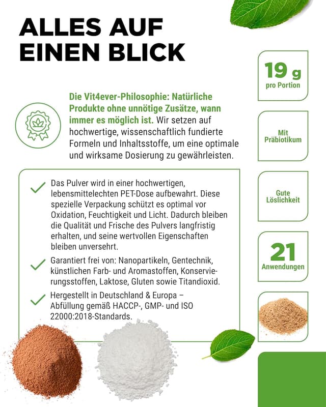 Detalle de vit4ever Ballaststoffe Kombi (400 g) – Ballaststoffpulver mit Flohsamenschalen, Inulin & natürlichem Ananasaroma