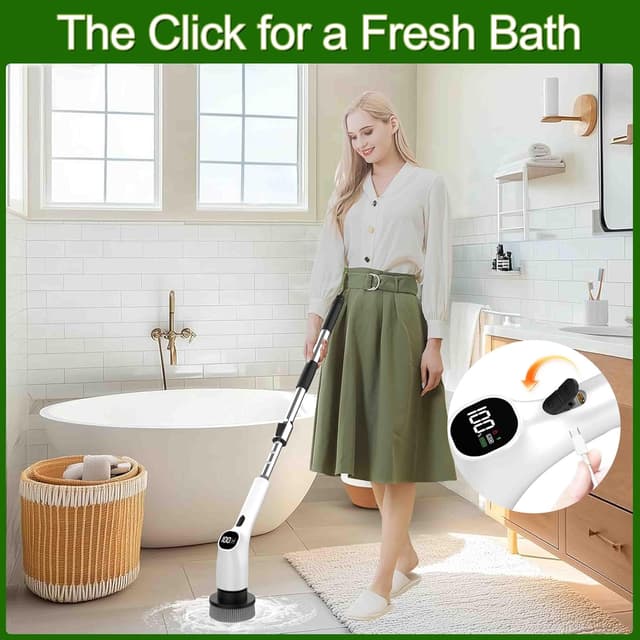 Detalle de Vicmayun Elektrische Reinigungsbürste mit 7 Wechselbürsten, IPX7 & verstellbarem Griff (30–120 cm)