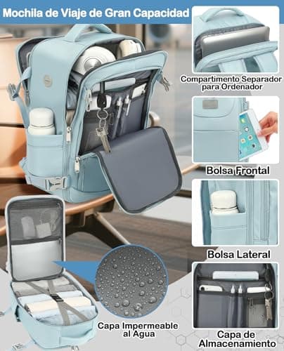 Detalle 2 de LYNXCHER Mochila de cabina para avión 40x20x25 cm (compatibilidad estilo Ryanair) con espacio para portátil de 14” y 20 L, celeste