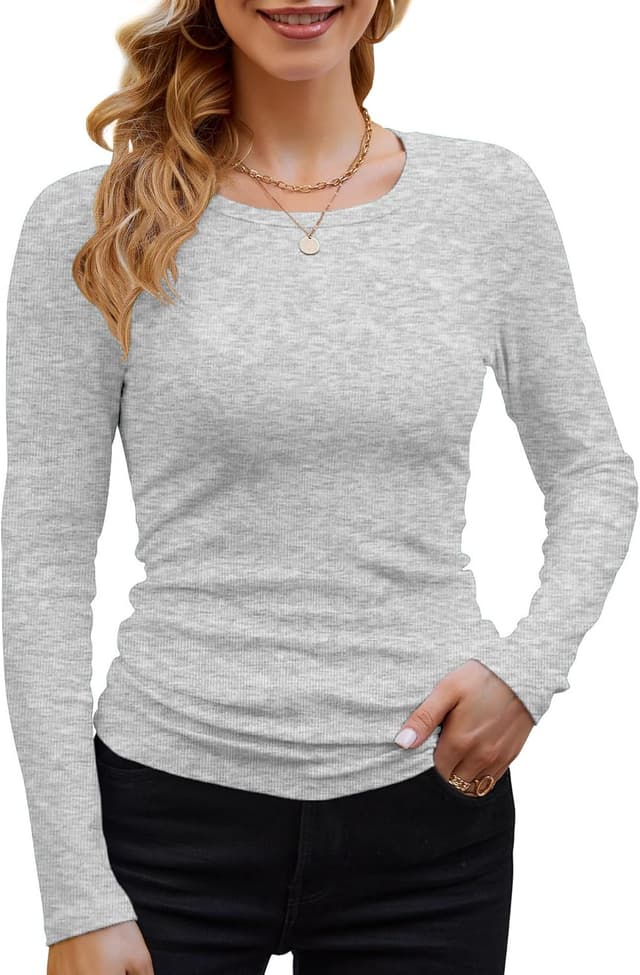Detalle de DUOEASE Damen Langarmshirt mit Rundhalsausschnitt – elastisches Rayon-Spandex Rippshirt für Alltag & Sport