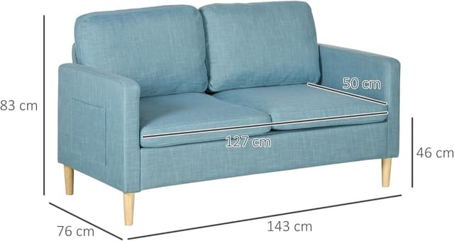 Detalle de HOMCOM Sofá 2 Plazas Azul Claro con Bolsillos y Patas de Madera 🛋