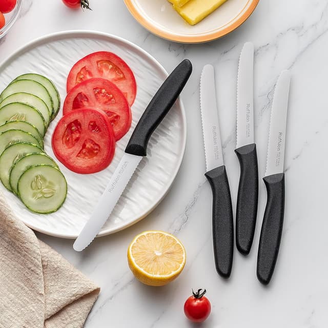 Detalle 2 de Ruffulon Frühstücksmesser-Set (2 Stück) mit Wellenschliff – Edelstahl-Tafelmesser für Brot & Tomaten