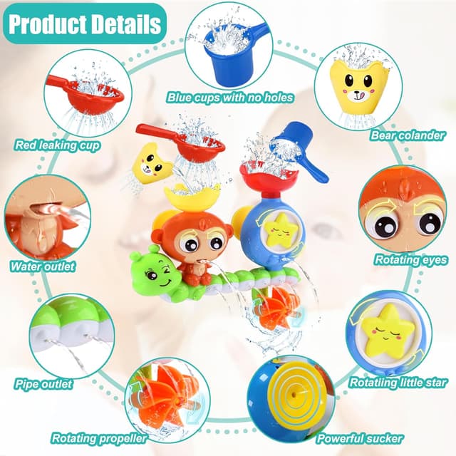 Detalle de Toddler Bath Toys Waterfall Monkey Spinning Gear Set for Ages 1–3 (with Suction Cups and Cups)