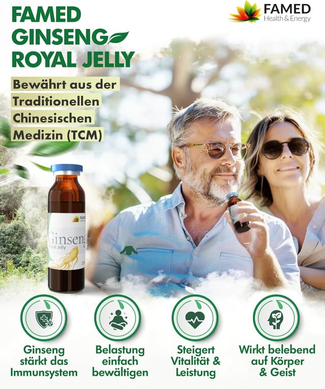 Detalle de Ginseng Royal Jelly von FAMED – 30 Trinkampullen mit reduziert Müdigkeit & Immunsystem- Unterstützung