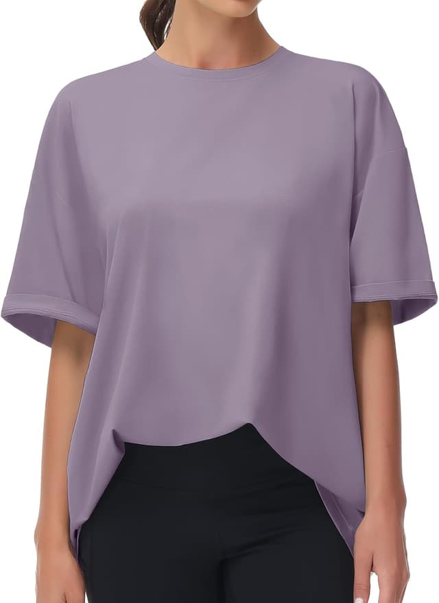 Detalle de THE GYM PEOPLE Damen Oversize T-Shirt mit Rundhalsausschnitt (Kurzarm) – Basic aus Baumwolle/ Viskose/ Elastan