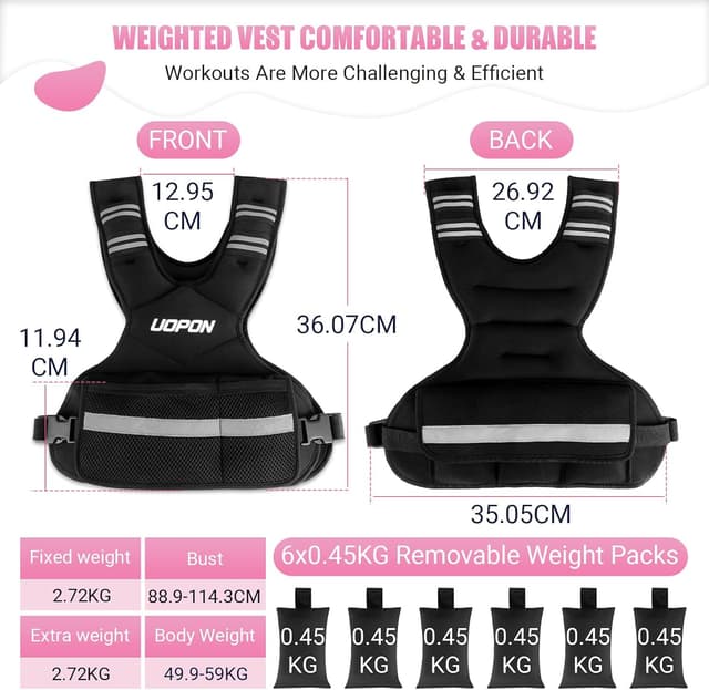 Detalle de Adjustable Weighted Vest (2.72–5.44kg) with 6 Removable 0.45kg Ironsand Weights, Reflective Strips & Plus Pockets