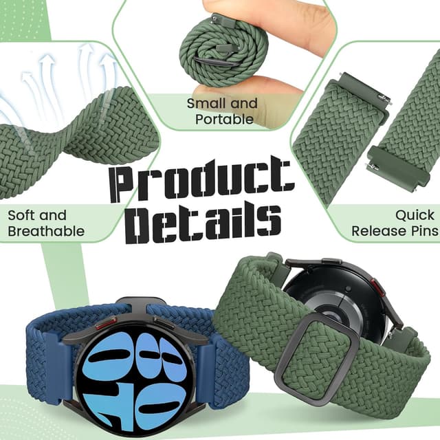 Detalle de Yunshare Braided Solo Loop Elastic Strap (Quick Release) 18–24mm, 3 Pack