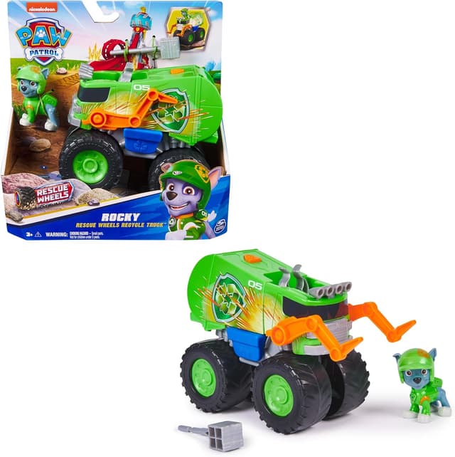 Detalle de PAW Patrol Rescue Wheels Rockys Recycling Monstertruck mit Geschoss-Abwurf & Rocky-Hundefigur – Spielzeug ab 3 Jahren
