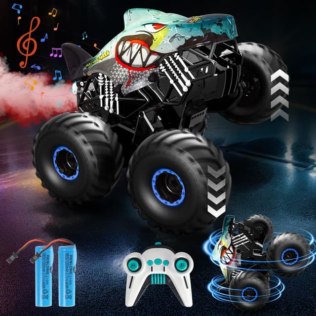 Thumbnail 6 de Ferngesteuertes Auto 1/16 Monstertruck mit Stomp, Spray, Licht & Musik – Hai-Monstertruck (15 km/h, 360°-Drehung, 4WD)