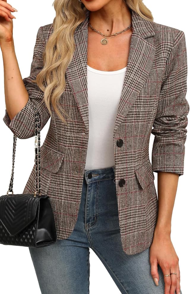 Thumbnail 6 de ELLEVEN Women's Lapel Plaid Boyfriend Blazer 2