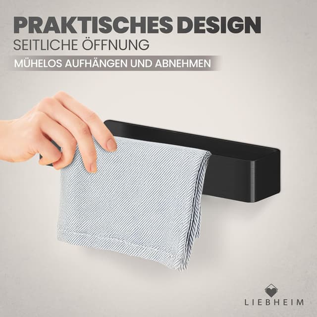 Detalle 2 de LIEBHEIM Handtuchhalterung ohne Bohren (schwarz, Aluminium, 22 cm) – Wand-Handtuchstange