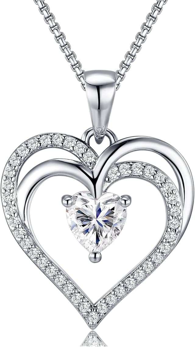 Detalle de Lyniuoy 18K White Gold Plated Heart Necklaces with Cubic Zirconia Pendant – Romantic gift jewellery for women