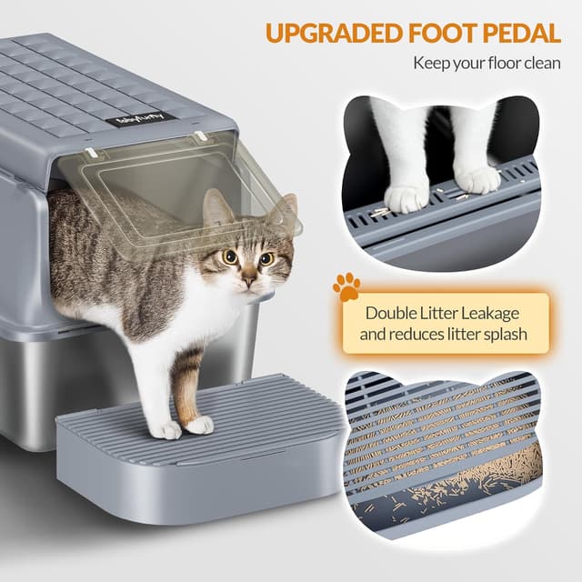 Thumbnail 6 de Fobyfurny Lettiera in acciaio inox XXL chiusa con coperchio incernierato (con paletta e pedana), confezione da 2