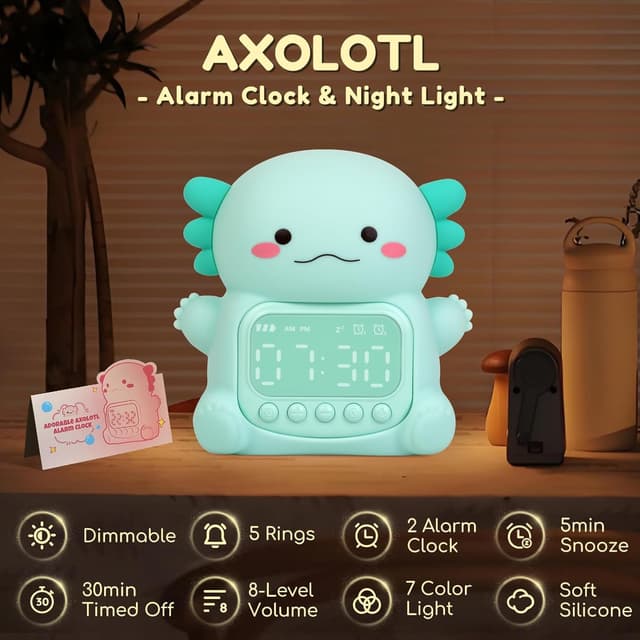 Detalle 2 de Yiliaw Axolotl Alarm Clock with Night Light for Kids (Green) with USB Recharge