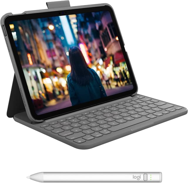 Detalle de Logitech Slim Folio Keyboard Case for iPad (10th gen & A16) with wireless keyboard and Logitech Crayon (USB-C)