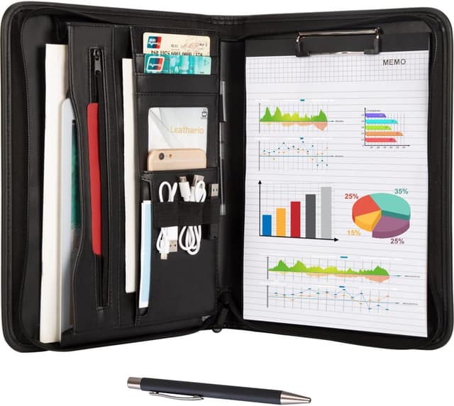 Detalle de Leathario Portfolio Folder A4 Conference Folder with Notepad – vegan leather zip padfolio organiser