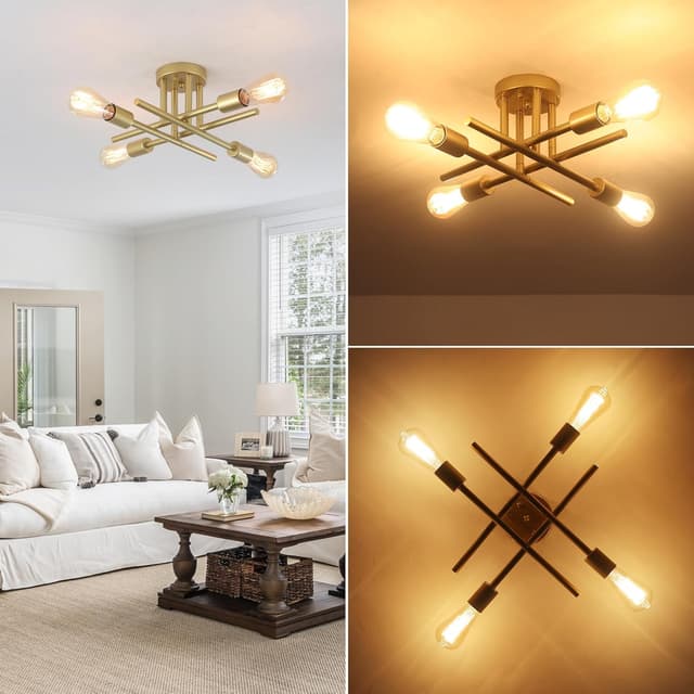 Detalle 2 de LXWNYY Sputnik 4-Arm Gold Ceiling Light (E27) for Dining Rooms & Kitchen Islands