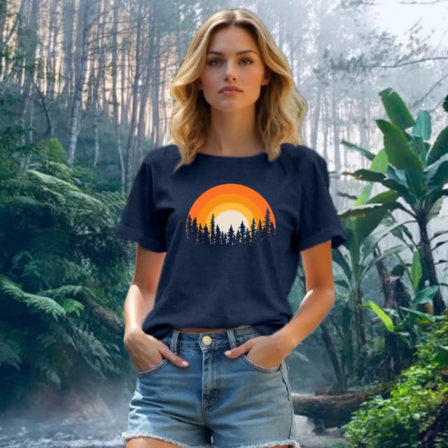 Detalle de Qskall Women’s Hiking T-Shirt – Adventure Forest Sunset Tee for Camping & Everyday Wear