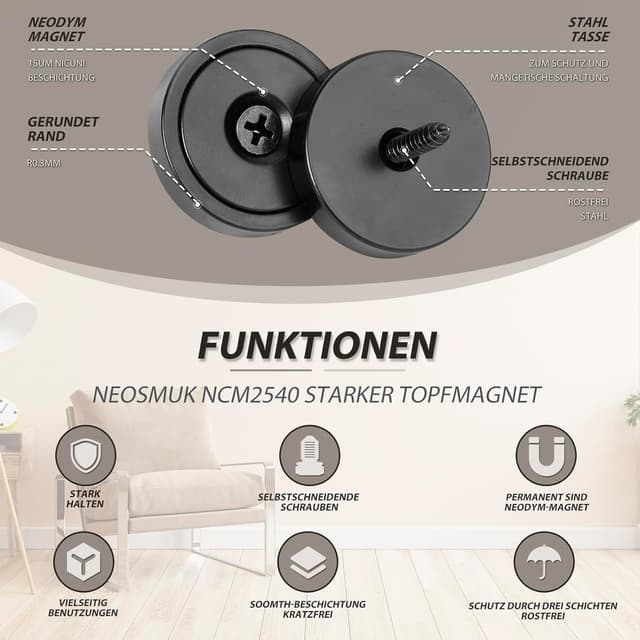 Thumbnail 6 de Neosmuk Magnet 25mm Loch Schwarz