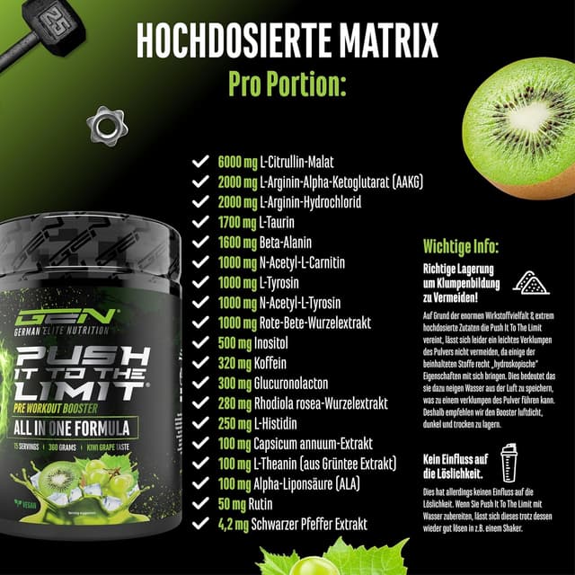 Detalle de Push it to the Limit Pre Workout mit L-Arginin, Citrullin & Koffein – 360 g (Kiwi-Grape)