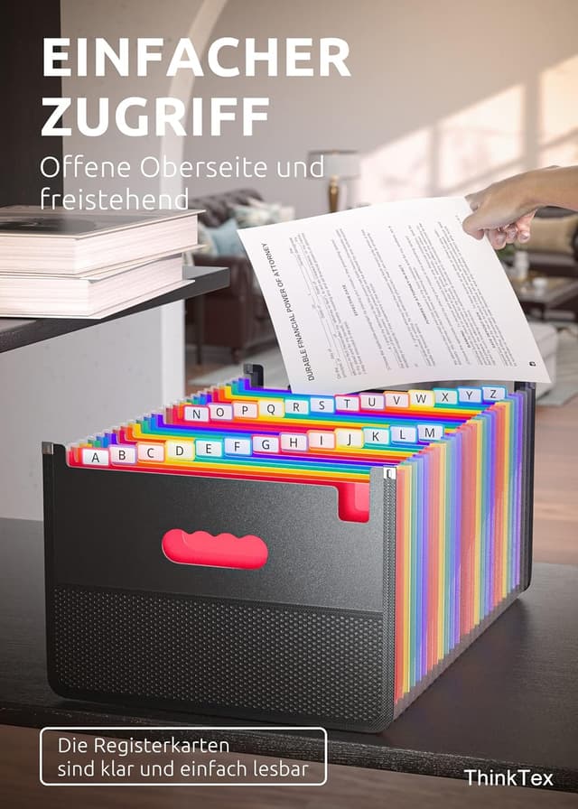 Detalle de ThinkTex Dokumentenmappe mit 26 Fächern für A4 – erweiterbarer Akten-Organizer mit farbigen Registern