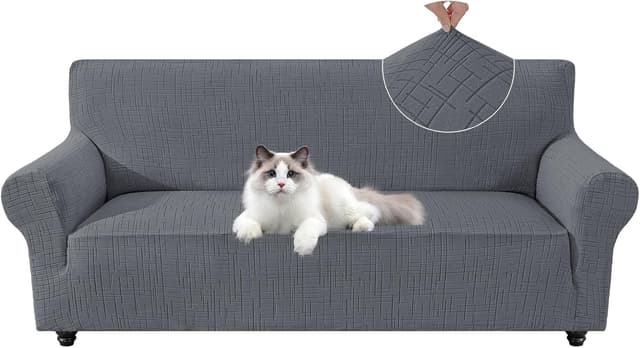 Detalle de YSTELLAA housse de canapé extensible 3 places grise claire, antidérapante et anti-rayures