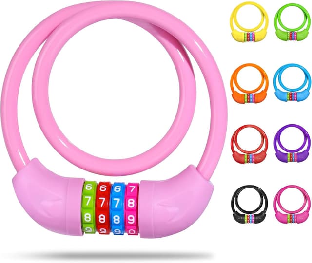 Detalle de SPGOOD Fahrradschloss mit Zahlenkombination für Kinder (4-stellig, 10 x 650 mm) – Kabelschloss für Fahrrad, Roller & Co. (Rosa)
