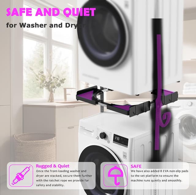 Detalle de Ultrasottile Kit Sovrapposizione Lavatrice & Asciugatrice Universale (45-68 cm) con 4 ganci, anti-vibrazione e installazione senza fori