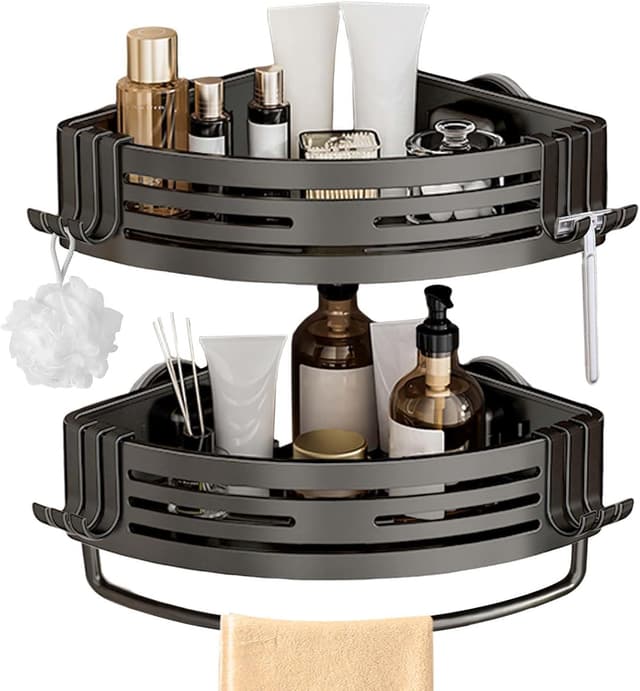 Detalle 2 de Lekesky Corner Shower Caddy with Suction Cup (90°) and Towel Bar, Aluminium 2-Pack, Gunmetal Gray