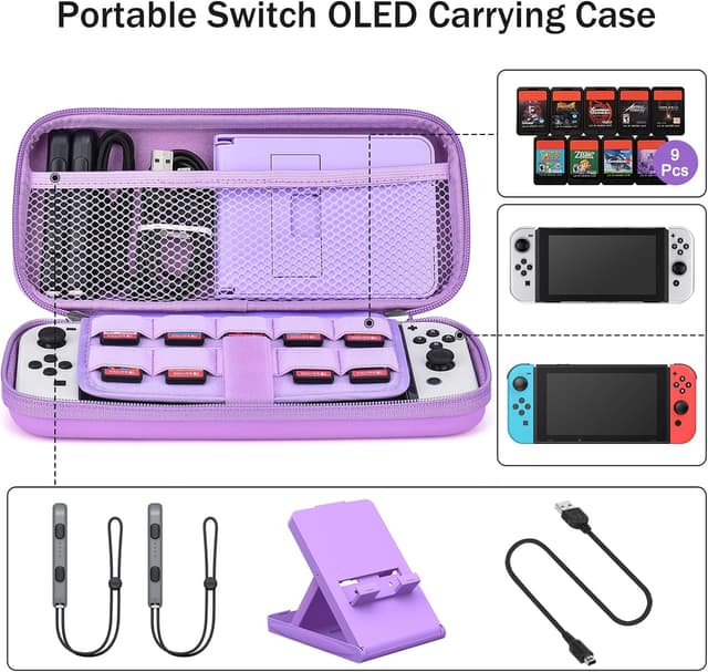 Detalle de Younik Switch OLED Accessories Bundle (17-in-1 kit) with carry case, stand, screen protectors and J-Con covers