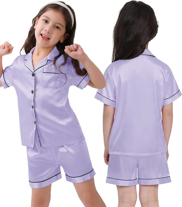 Detalle de SWOMOG Kid's Silk Pyjamas 3PCS satin set (short-sleeve top + shorts + long pants), ages 4–16